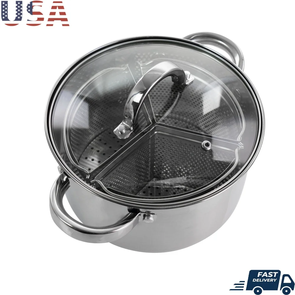

5 Piece Stainless Steel Dutch Oven with Vented Glass Lid and 3 Section Dividers Versatile Cooking on All Heat Sources