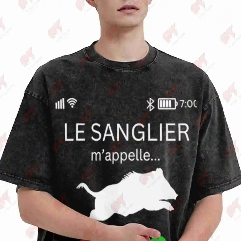 Hunting Wild Boar French Phrases Outdoorsmen Vintage Washed Tee Pure Cotton T-Shirt