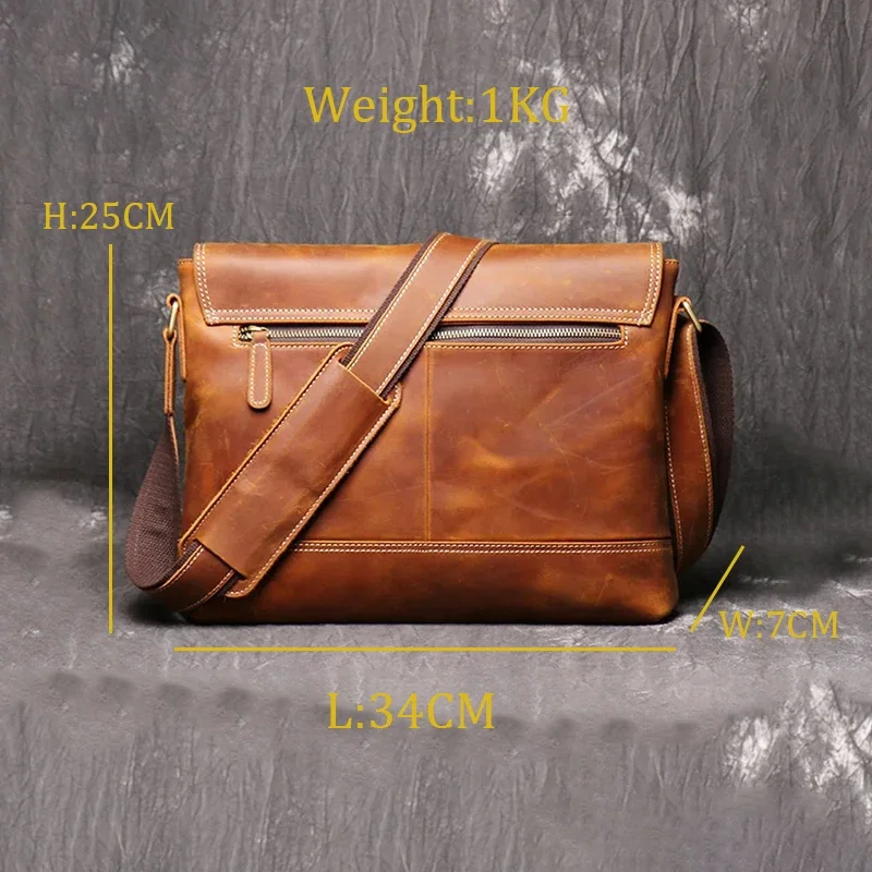 High Quality Vintage A4 Brown Top Grain Genuine Crazy Horse Leather Cross Body Shoulder Men Messenger Bags for ipad