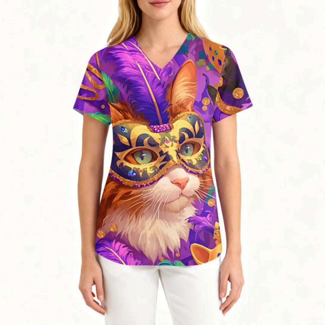 女性用マルディグラススクラブトップ 面白いマスク フェザープリント 半袖 看護師作業服 マルディグラス 快適なスクラブトップ ポケット付き