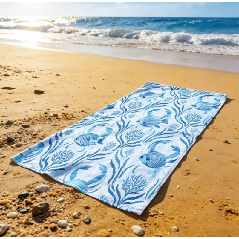 Ocean Crab Print Beach Towel, Microfiber Sand Free Quick Dry, Marine Pattern, Soft Absorbent for Summer Beach Vacation