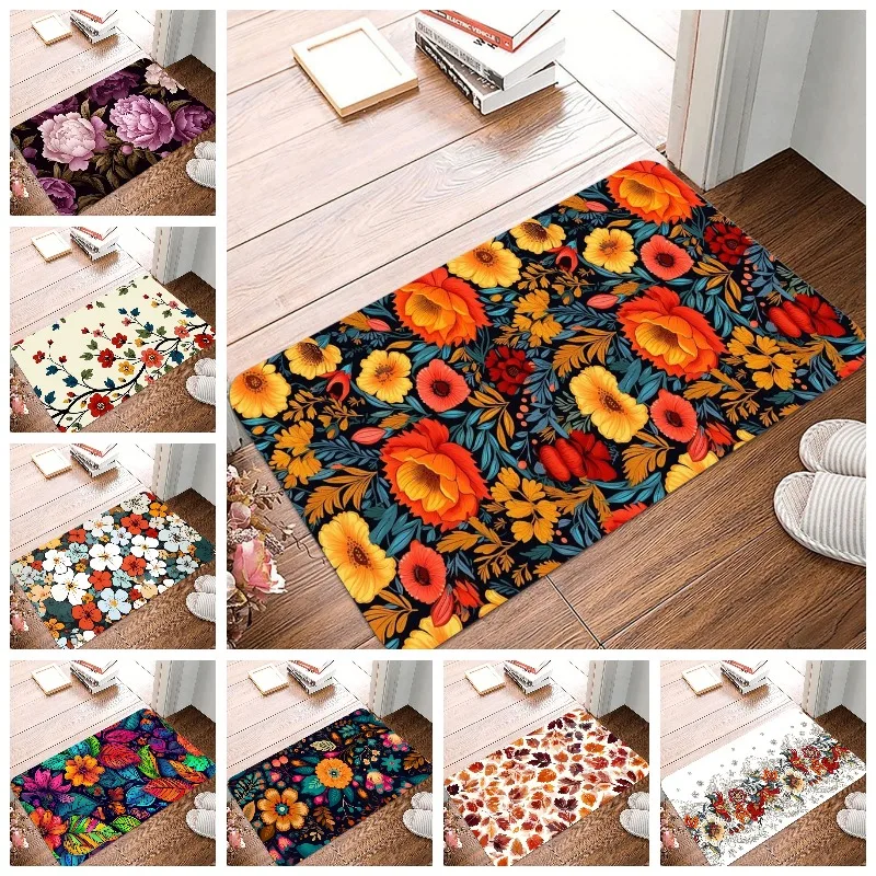 Rutschfester kleiner Teppich, wasserdicht, leicht zu reinigen, Bodenmatte für den Innen- und Außenbereich, langlebige Heimdekoration, modischer Retro-Blumendruck