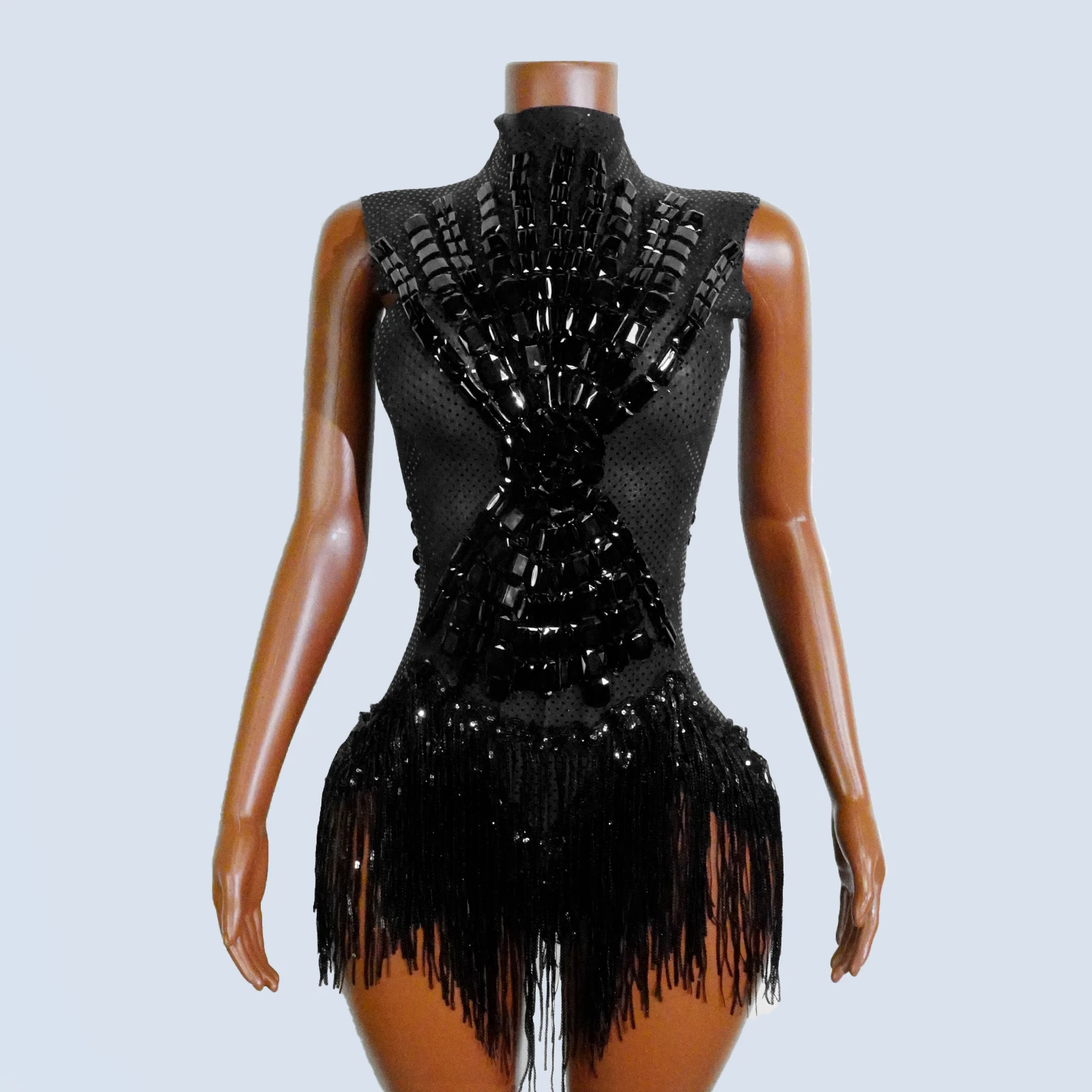 

Women Sexy Black Mesh Tassel Bodysuit Sequins Performance Birthday Party Dance Costume Stage Wear Nightclub Drag Queen outfits