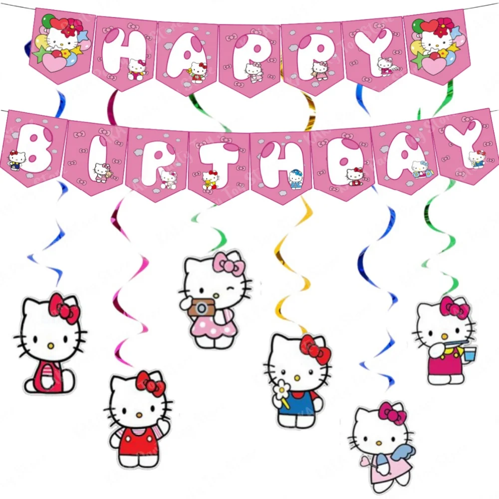 Hello Kitty Birthday Decoration Set Include Cartoon Kitty Banner and 6 Hanging Swirls for Kids Girls Baby Shower Party Supplies