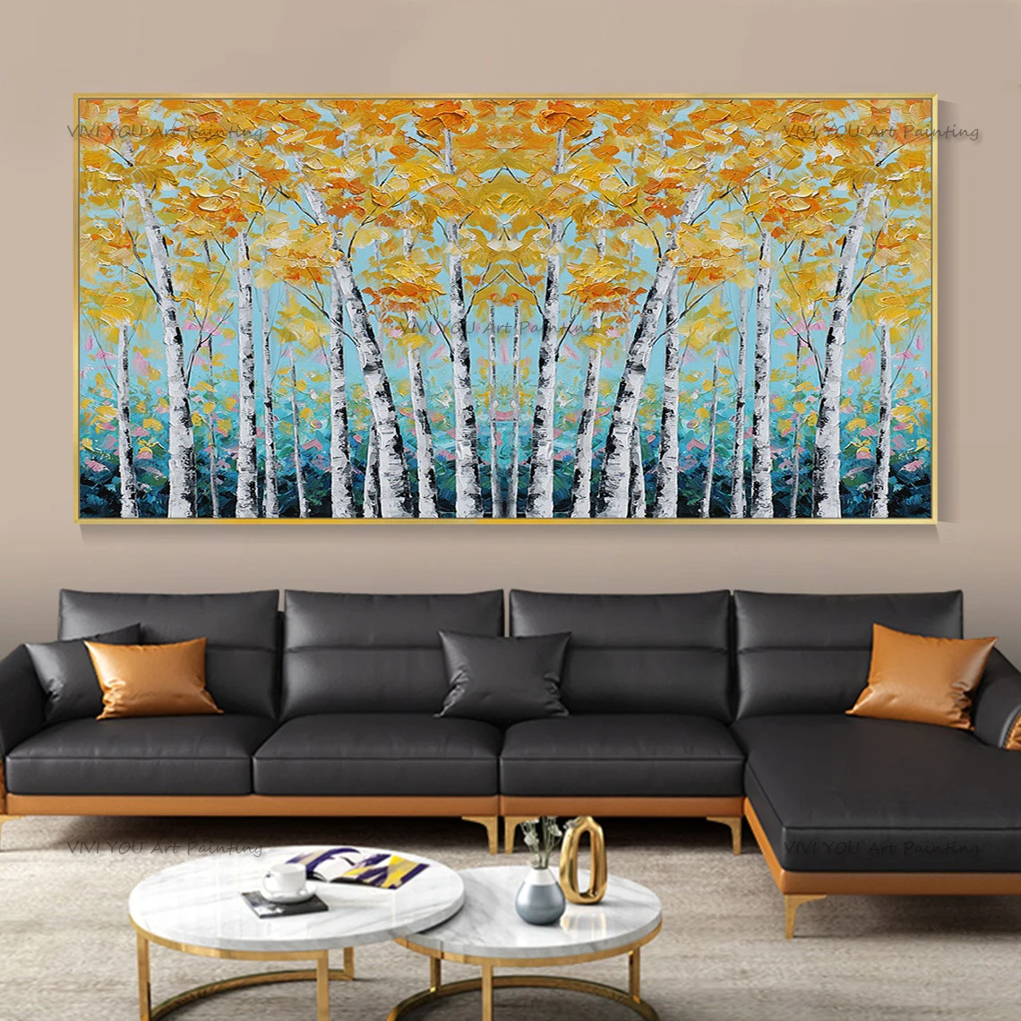 Handpainted Large Autumn Birch Tree Original Oil Painting Golden Forest Landscape Painting Living Room Wall Decor