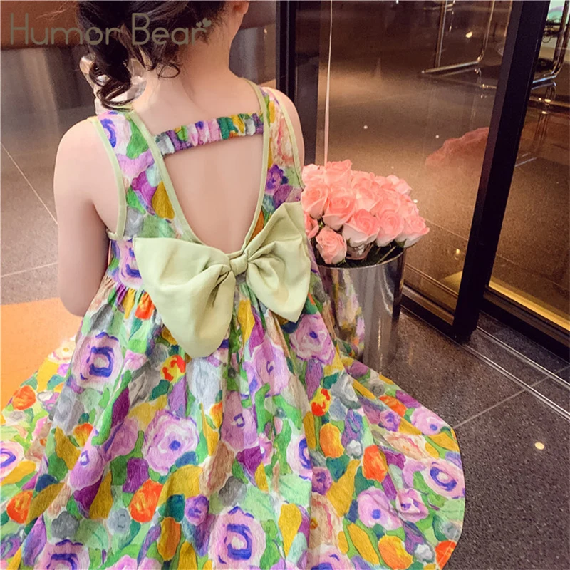 

Humor Bear Kids Clothes Oil Painting Wind Dress Sweet Princess Skirt Floral Sundress Back Bow Princess Dress Girl Dress For 3-7Y