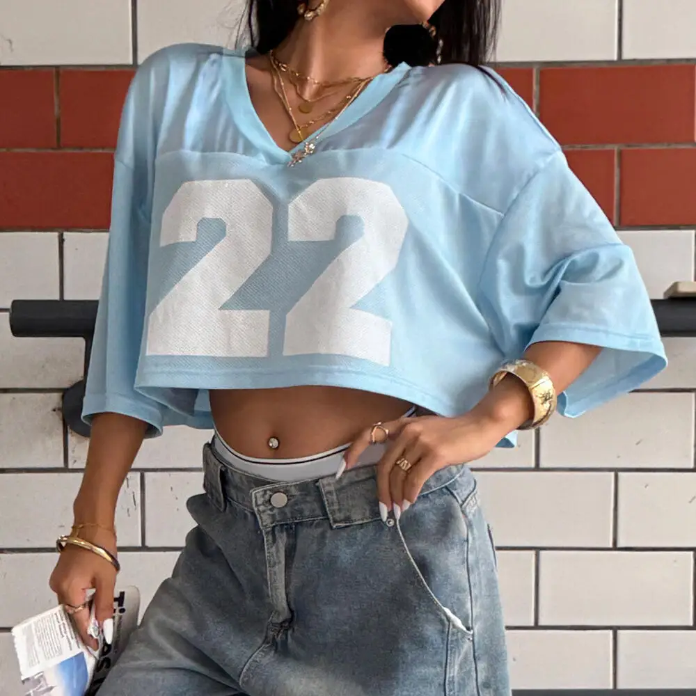 Solid Color Printed V Neck Crop Top American Women Street Wear Summer Fashion Breathable Mesh Short Sleeve Baseball T Shirt