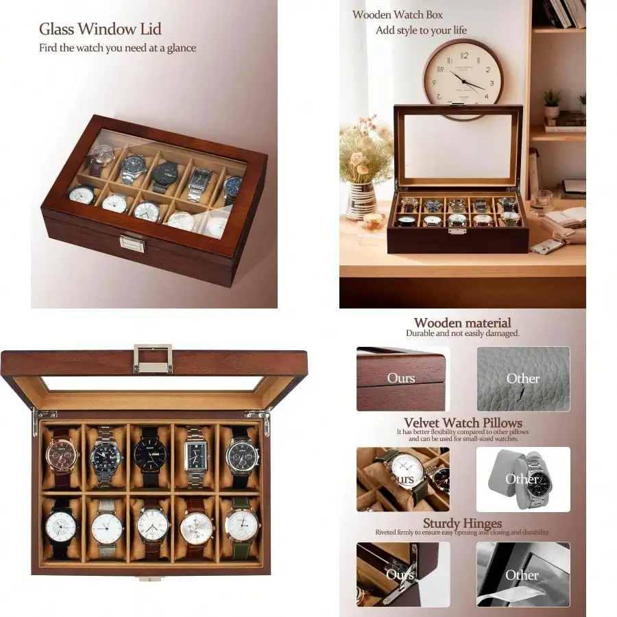 New Watch Box 10 Slot Watch Case With Real Glass Lid Wood Watch Display Case With Cloth Watch Pillow Watch Storage Box For Men And Women Brown