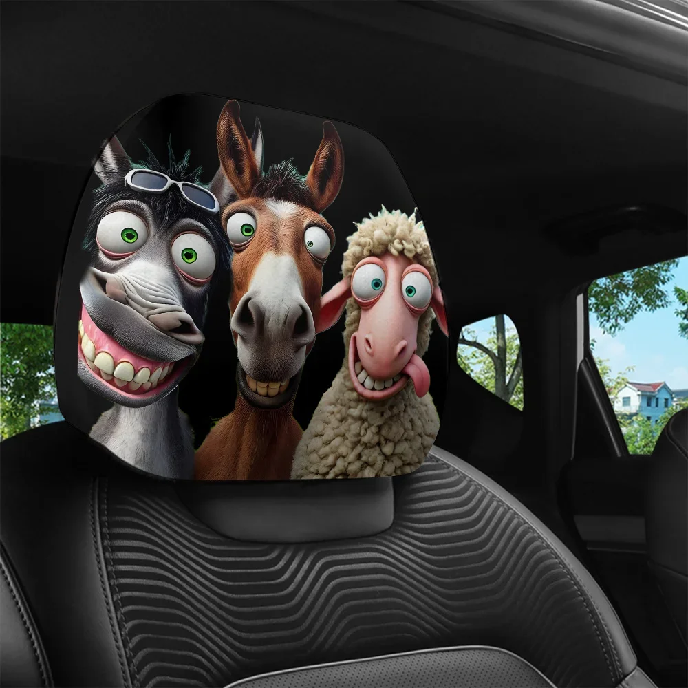 Two-piece set of universal breathable car decorative headrest covers, animated farm animal patterns, interior accessories