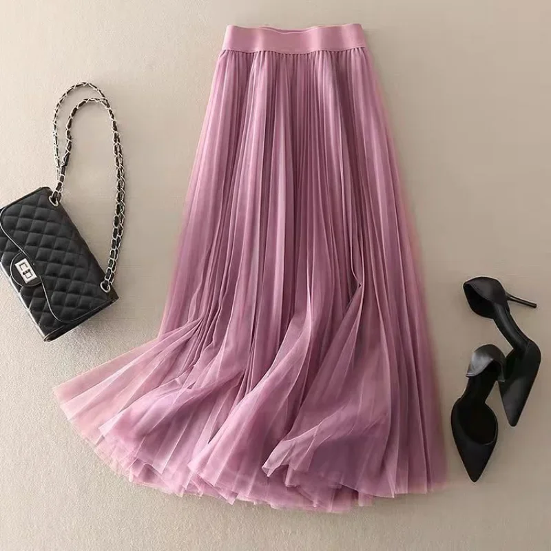 

Summer Solid Color Pleated Mesh Skirt Women Classic High Waisted Shirring Slim Temperament Casual Korean Lady Midi Skirt M132