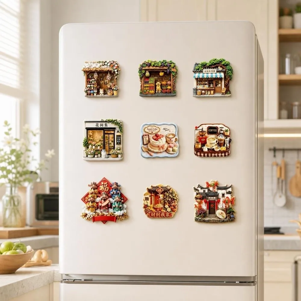 Chinese Style God of Wealth Refrigerator Magnet Shop Shape Rustic Style Home Decoration Foods House Magnetic Sticker Magnet