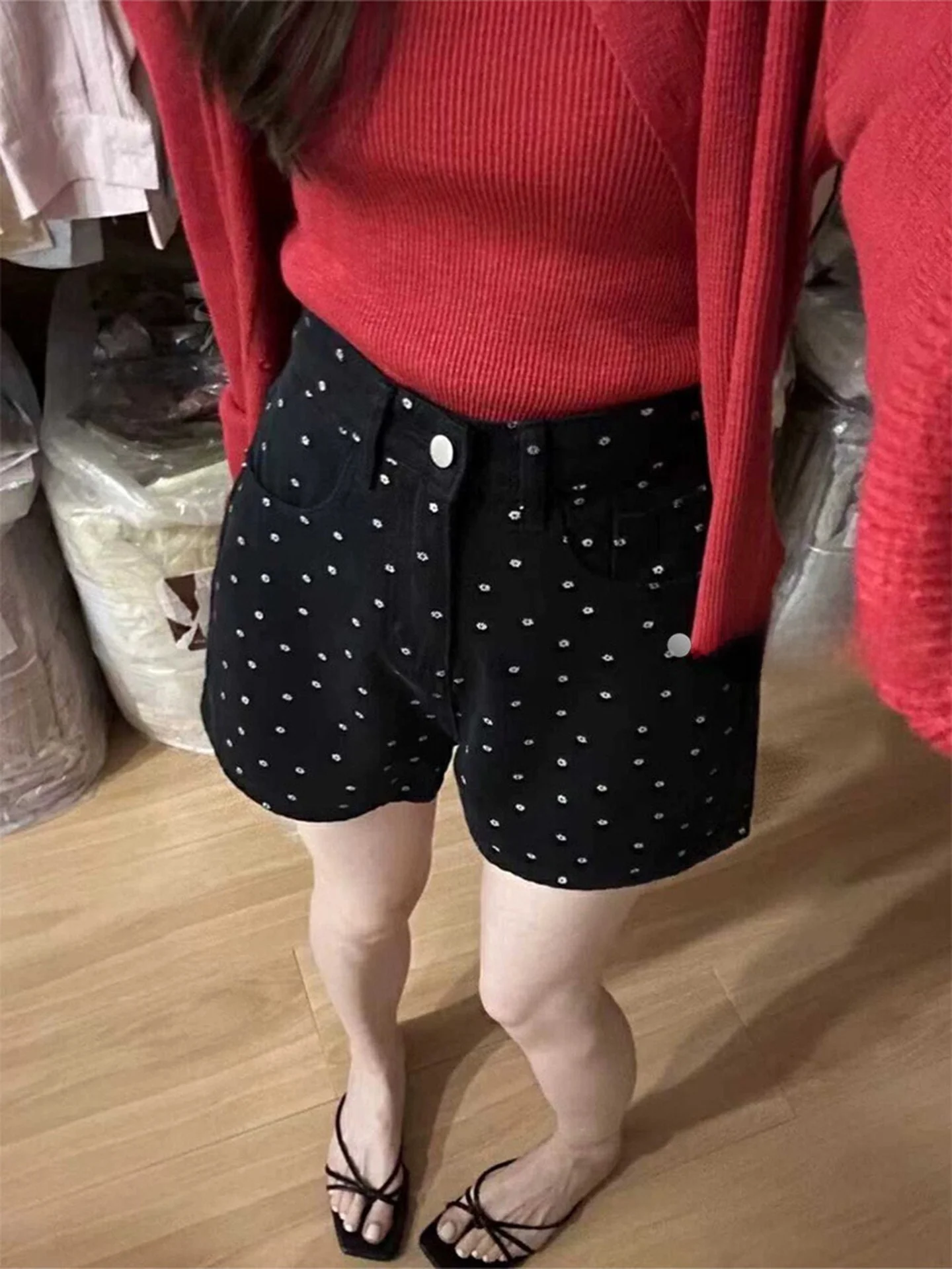 

High Waist plus Size Bla Polka Dot Floral Denim orts Women's Summer New Sle Slimming Wide Leg A-Line Wrap Hot Pants