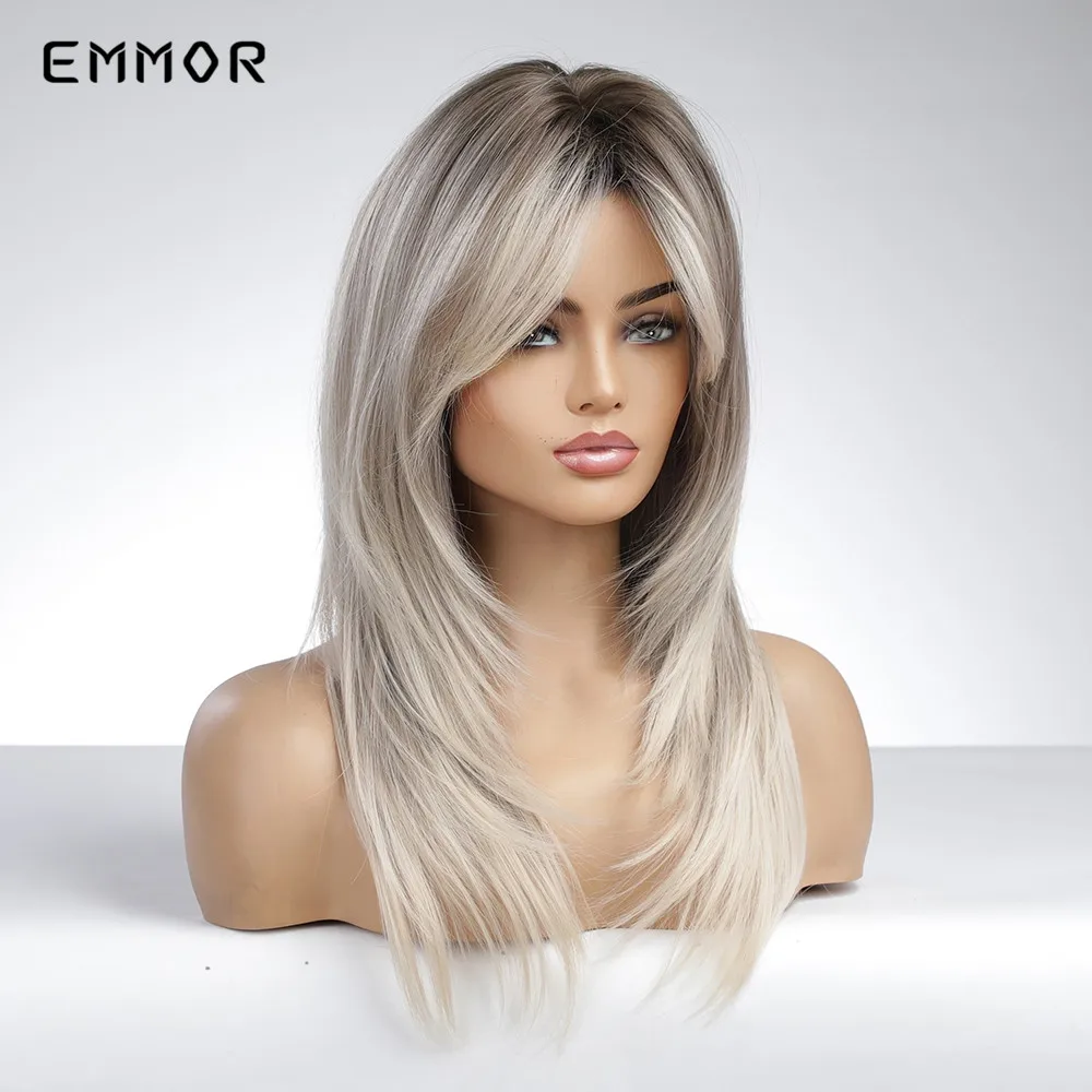 Emmor Synthetic Fashion  Wig  for Women Ombre Dark Brown to Platinum Hair Wigs Heat Resistant Fiber Wigs