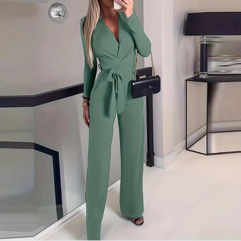 Casual Women's Long Sleeved Solid Color Commuting Playsuit Casual Street Straight Romper Vintage V Neck Tie Up Autumn Jumpsuit