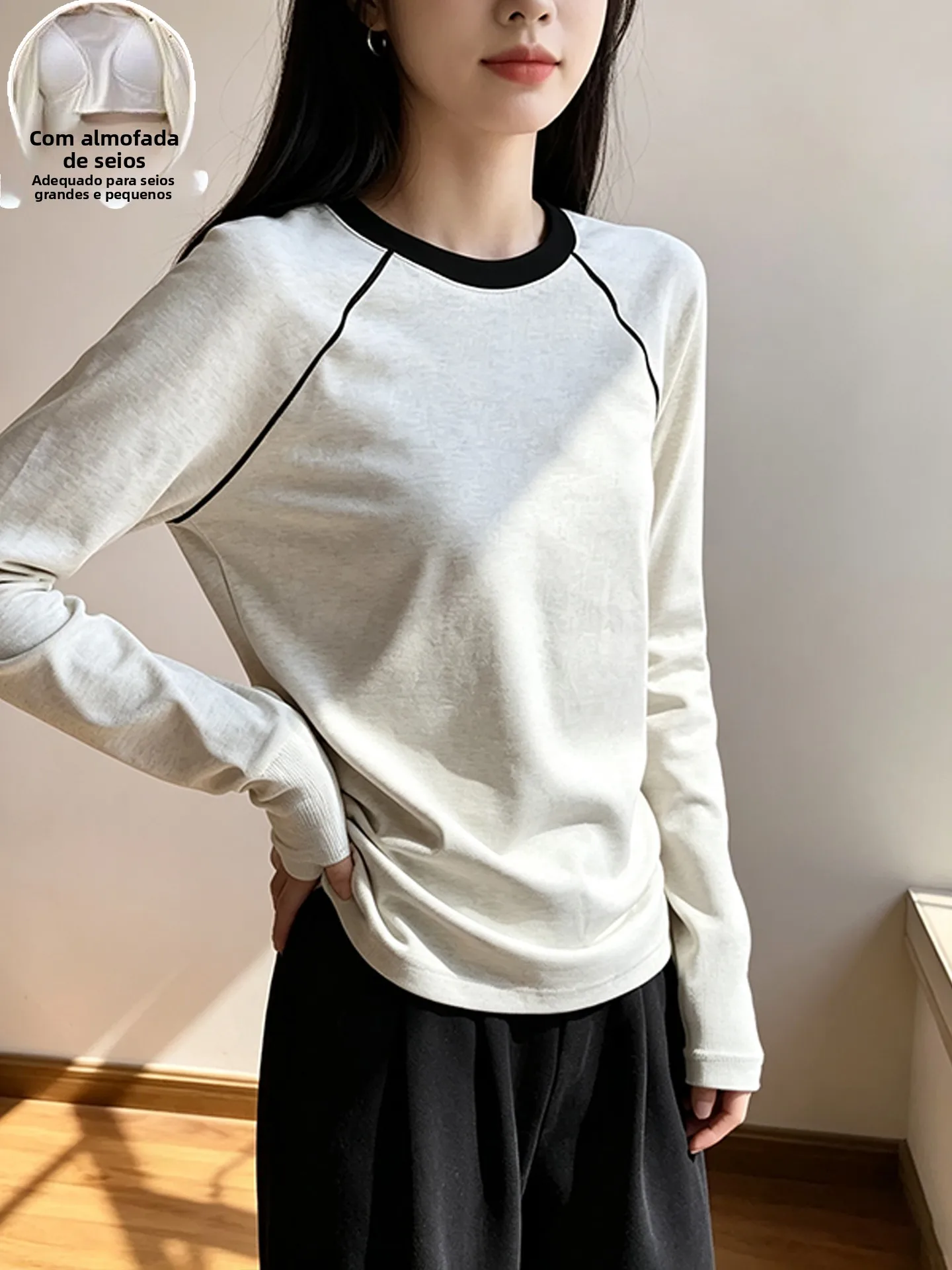 秋の純綿パジャマ胸パッド付きルーズ長袖ショルダーインサートホーム服トップ女性用快適カジュアル