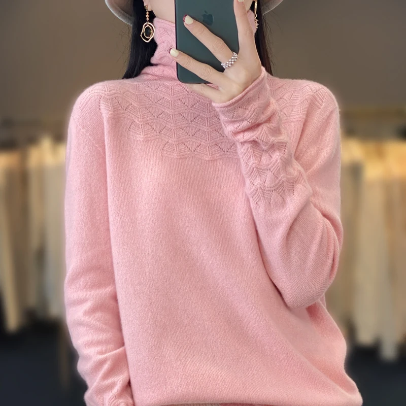 2023 Spring New Seamless Cashmere Sweater Women\'s Heap Neck Thread Hollow Knitted Top Fashion 100% Pure Wool Slim Fit  Pullover