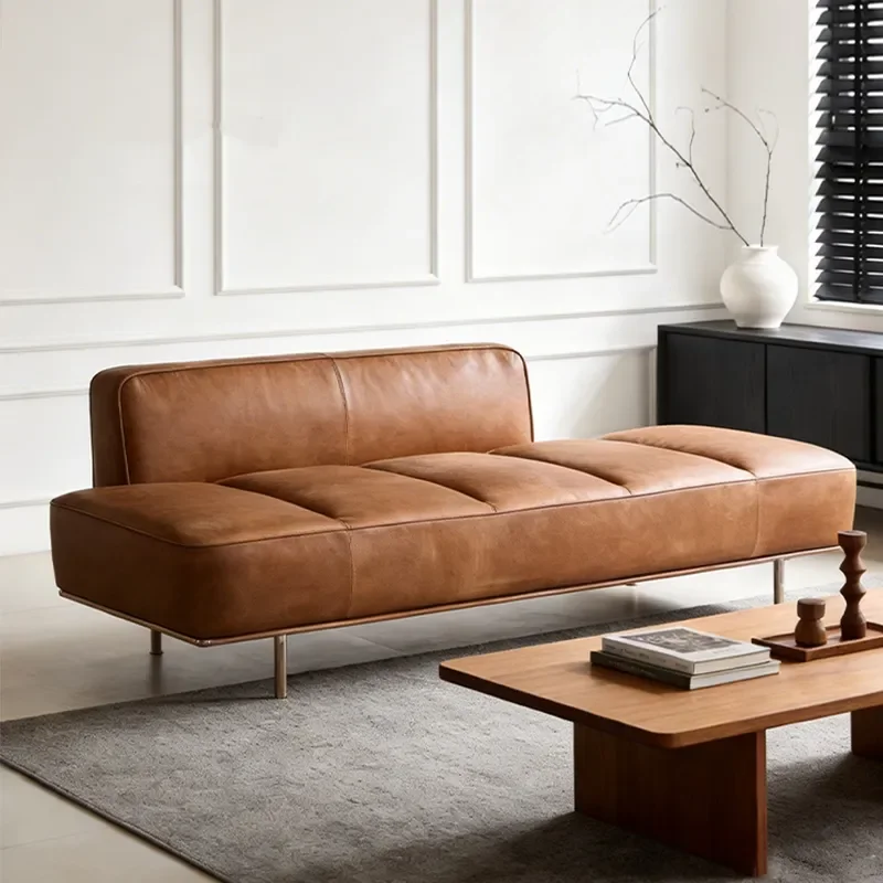 for Medieval Oil Wax Leather Sofa Straight Row Double Three Person Living Room Small Apartment Without Armrests Simple