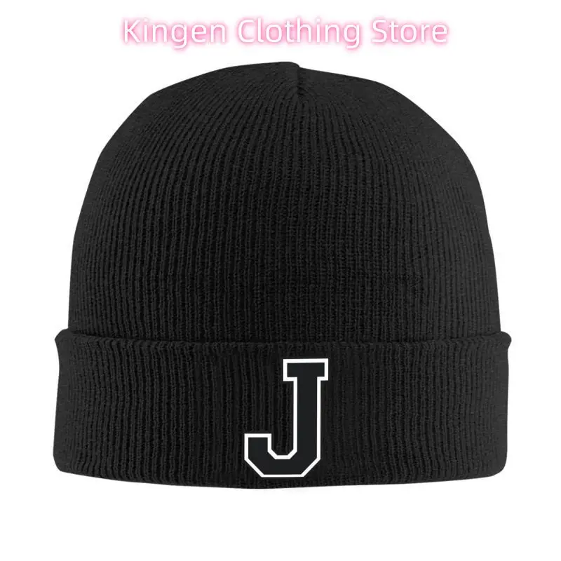 White Black Initial Letter J Print Beanie Hats Knit Hat Kpop Elastic Unisex Caps Adults Winter Warm Hip Hop Bonnet Hats Gifts