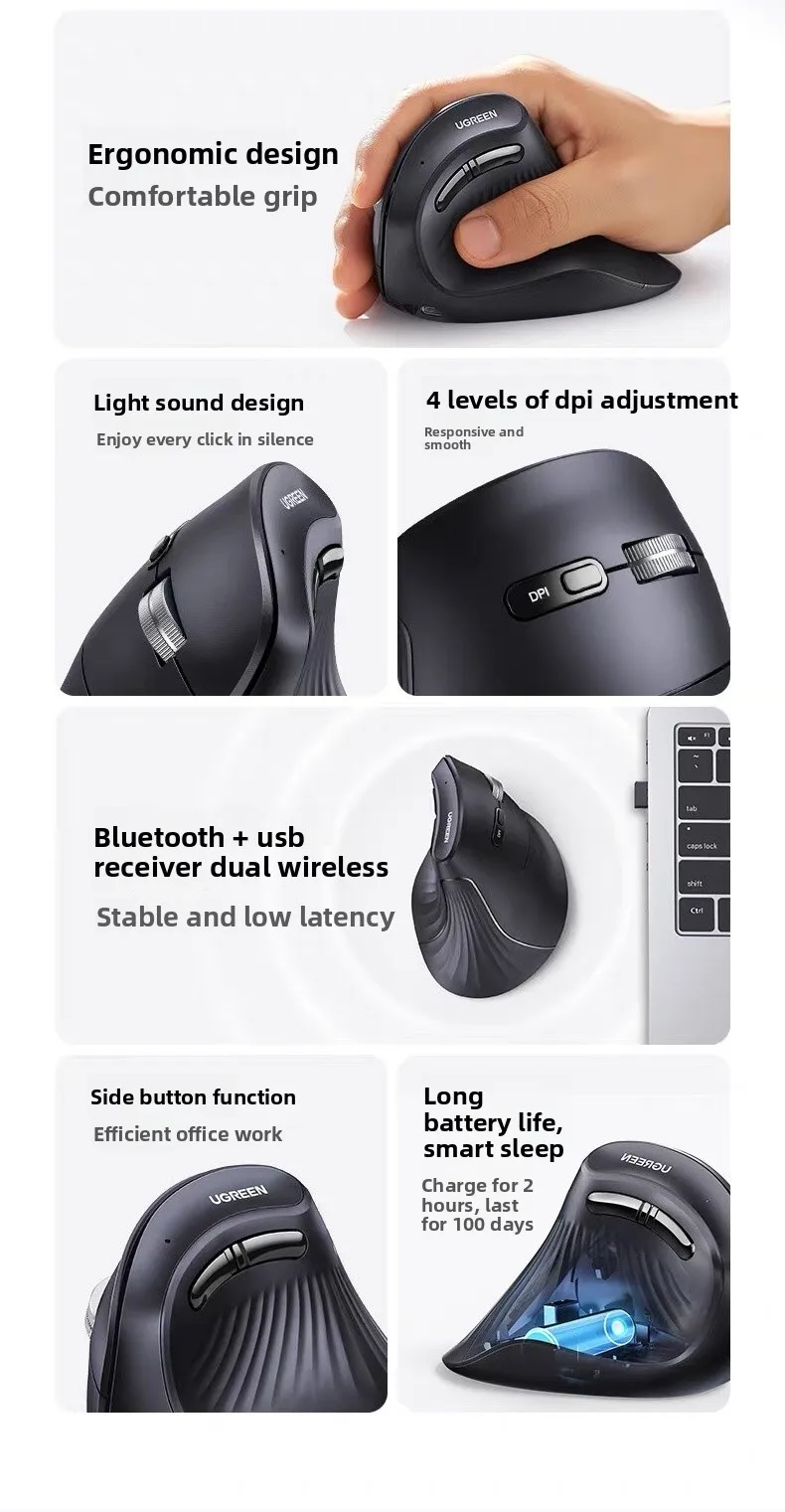 UGREEN Ergonomic Mouse Wireless Bluetooth Dual-Mode Vertical Mouse Type-C Charging Vertical Grip Hand-Supporting Mouse