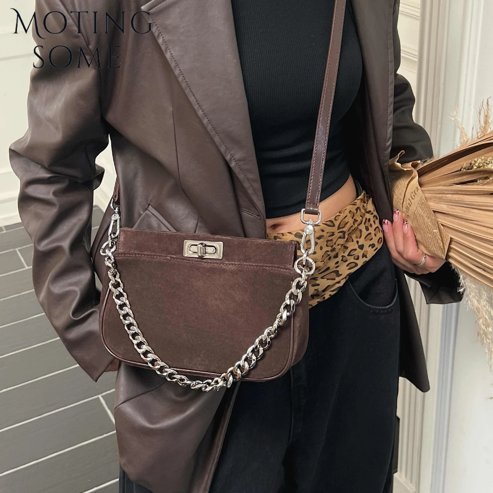 Motingsome Chic Natural Suede Purses Women Daily Saddle Bags Chains Tote Luxury Frosted Skin Handbag Pouch Lady Coffee Tote