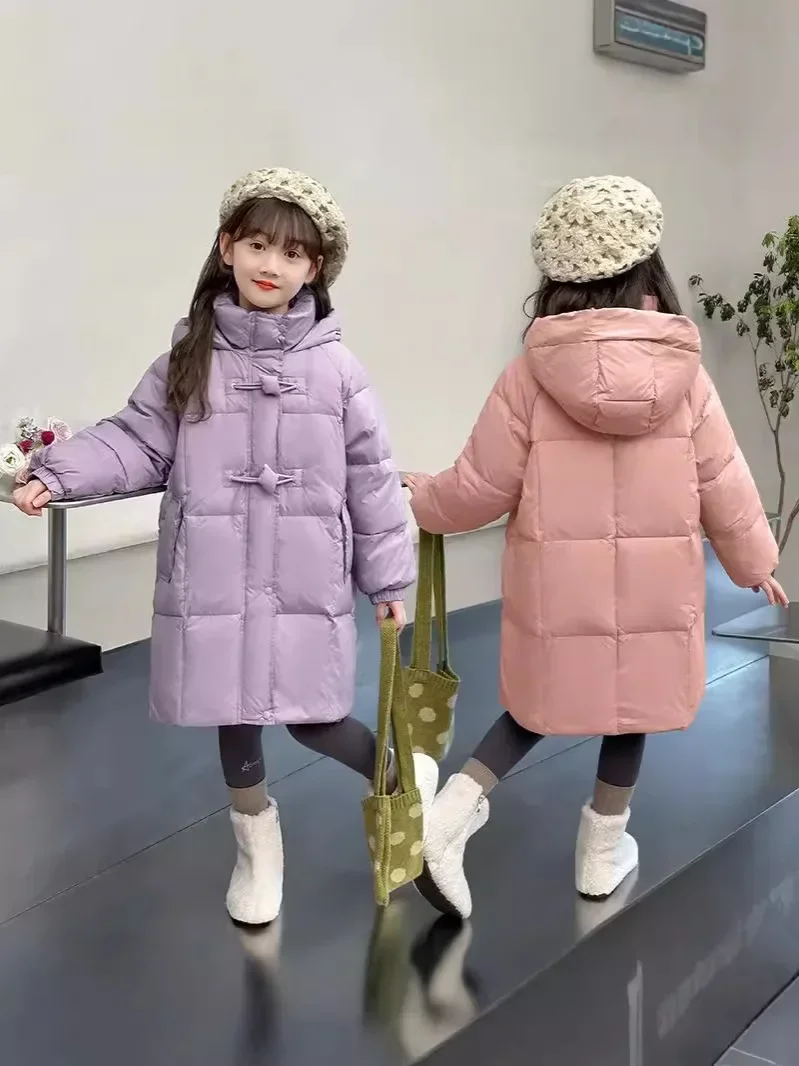 Winter Parkas Warm Down Cotton Children Coat Hooded Solid Jacket For Girls Outwear Pink Purple Kids Clothing 5-12 Year TR256