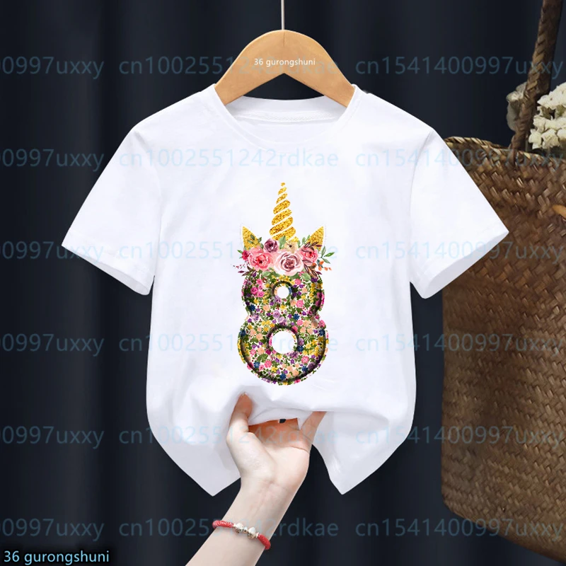 

2024 Hot Sale Newly Colorful Flowers Unicorn T Shirt Birthday Present Number 6 7 8 9 10 T-Shirt Little Girls Kids Clothes Tops