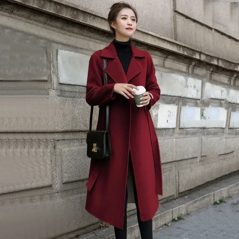 Abrigo largo de lana para mujer, chaqueta holgada con cinturón, cárdigan coreano con dobladillo dividido, ropa de abrigo XL, color rojo y negro, invierno y otoño