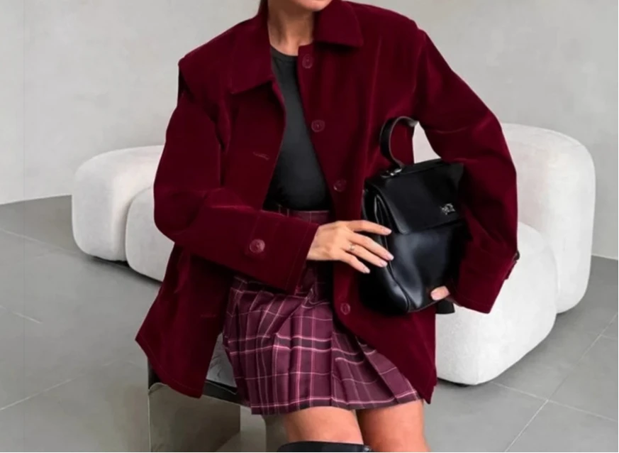 2025 Autumn and Winter Fashion Gold Velvet Jacket Retro Wine Red Jacket Coat High-end Women's Clothing