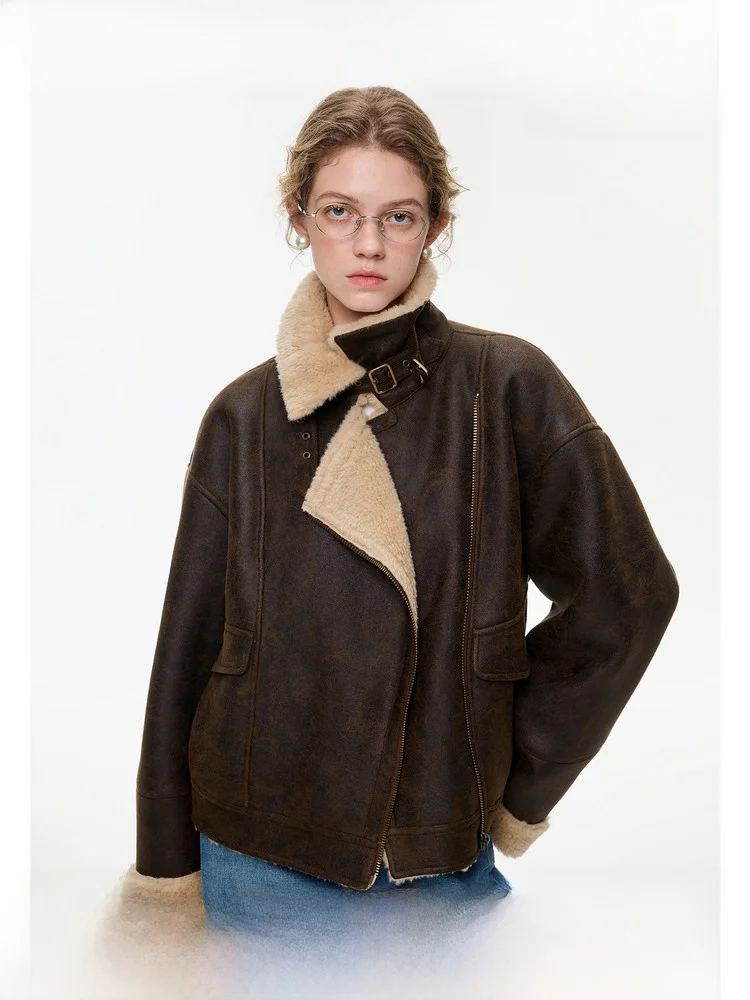 

Теплое ретро-пальто VEGA CHANG в байкерском стиле из меха и кожи, цельное, женское, зимнее, утепленное, с воротником-стойкой, на молнии, длинное