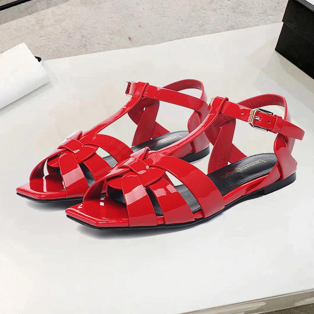 2024 Tendency Women\'s Sandals Roman Luxury Brand Shoes Flat Heel Ladies Sandals Red Ankle Wedding Party Leather Casual Slippers