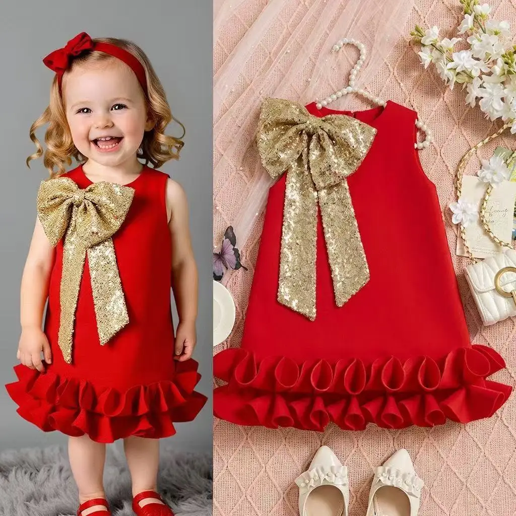 

2026 Kids Girls Princess Dress Crew Neck Bow Sleeveless Birthday Party Pageant Performance Formal Dress for 80-120cm