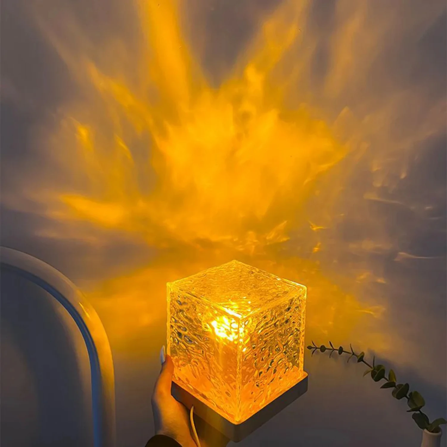 Colorful LED Cube Night Light with Water Ripple Projector - Flame Crystal Lamp - Creates Relaxing Atmosphere - Perfect Addition 