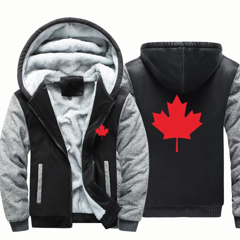 Autumn Winter Man Hoodies Sweatshirts Canada Flag Fleece Warm Wool Zipper Hooded Thick for Men Jackets Coat