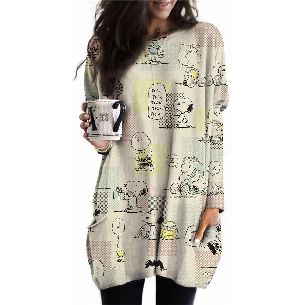 2024 Women\'s Long Sleeve Pocket Waist Top Snoopy Printed Women\'s Casual Loose Hoodie Plus Size Clothing