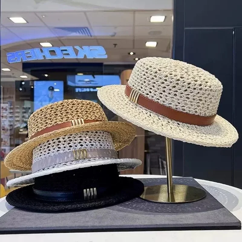 New flat top sun hat 2026 Delicate weaving Straw Hat summer straw hat pearl new elastic ribbon hat sombreros chapeau femme