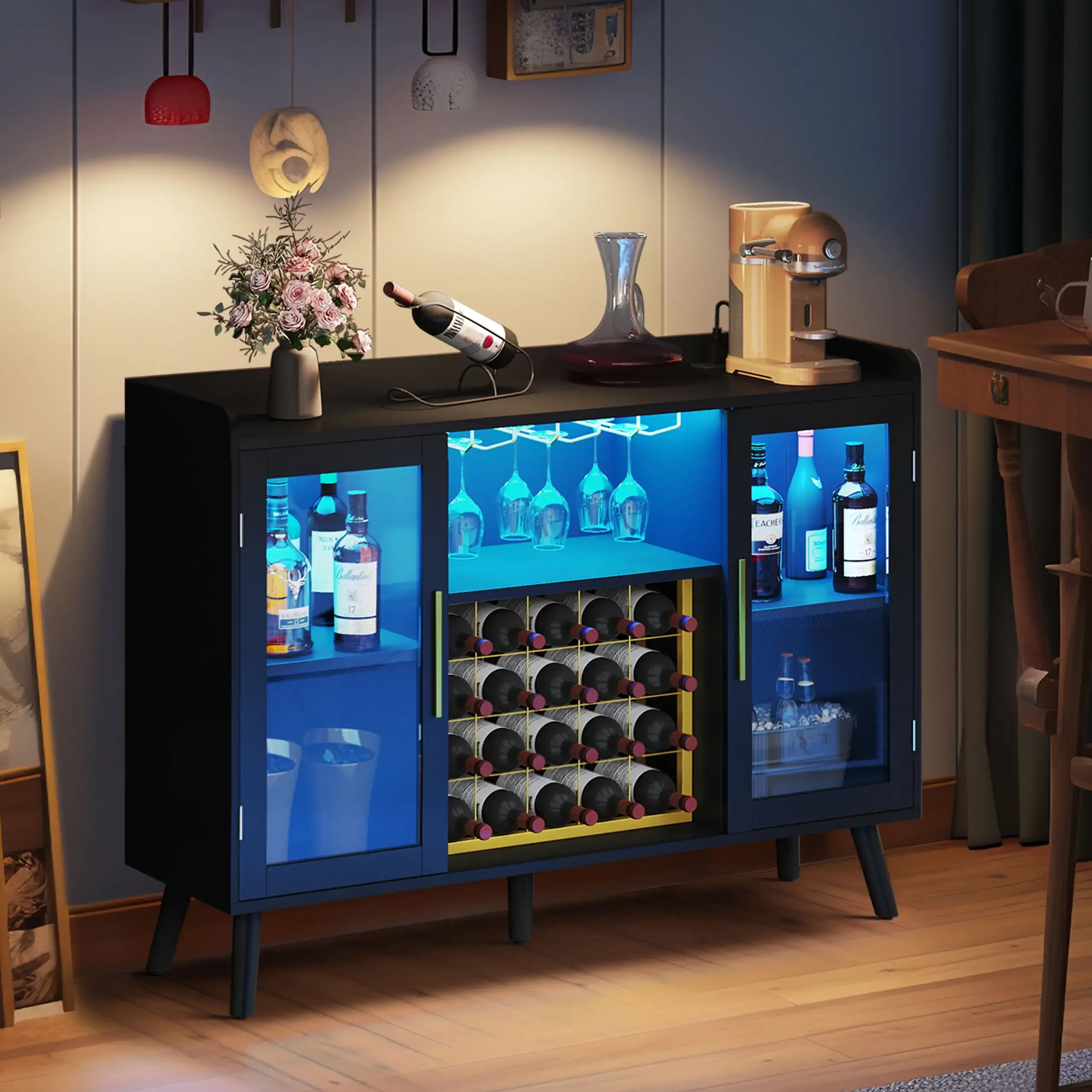 

53" Wine Cabinet with Power Outlets, Buffet Sideboard Cabinet with LED Lights & Wine Rack, Black
