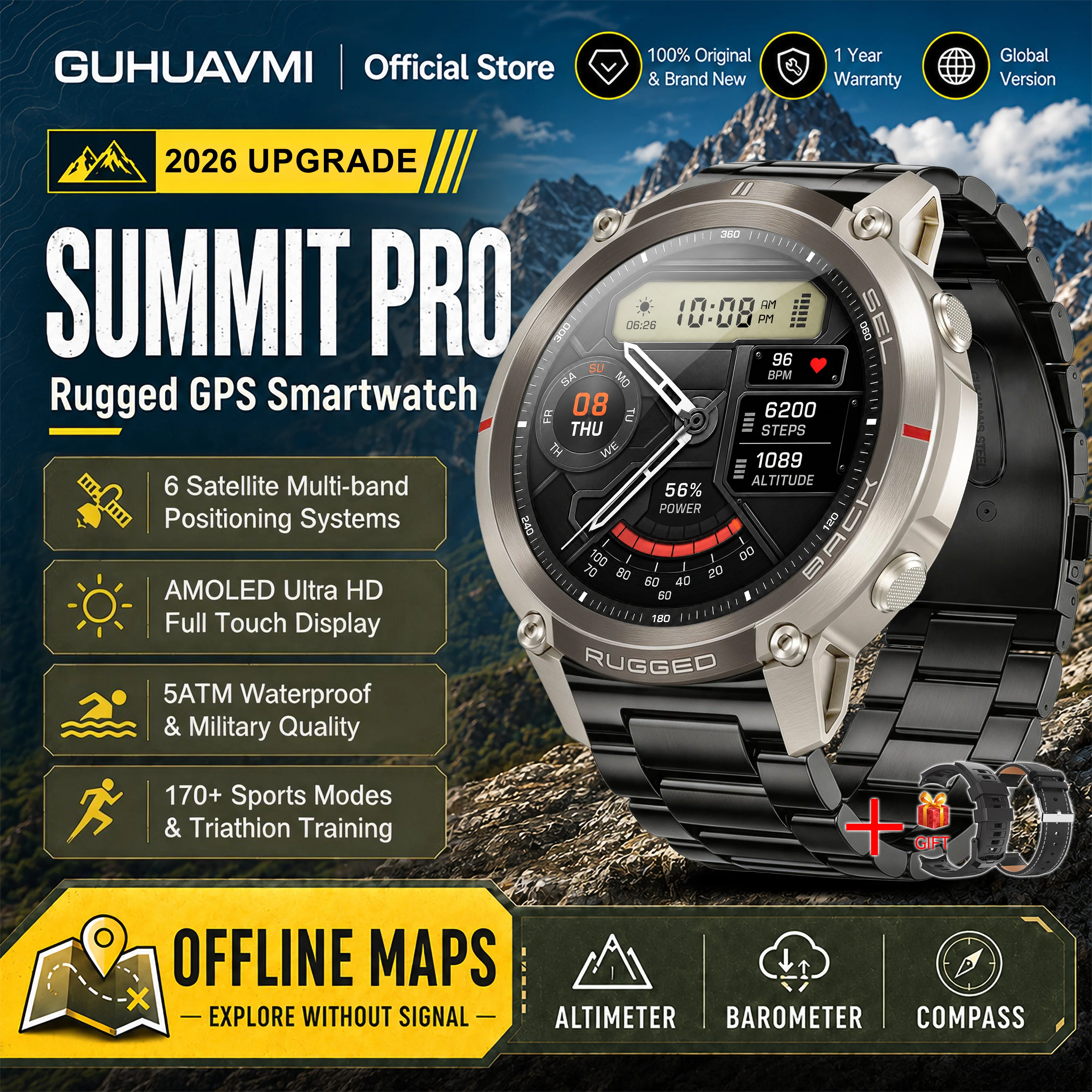 2026 Militärische Satelliten-Offline-Karten-GPS-Smartwatch für Herren 1,43'' AMOLED Bluetooth-Anruf Kompass 5ATM Wasserdicht 170+ Sportarten Smartwatch