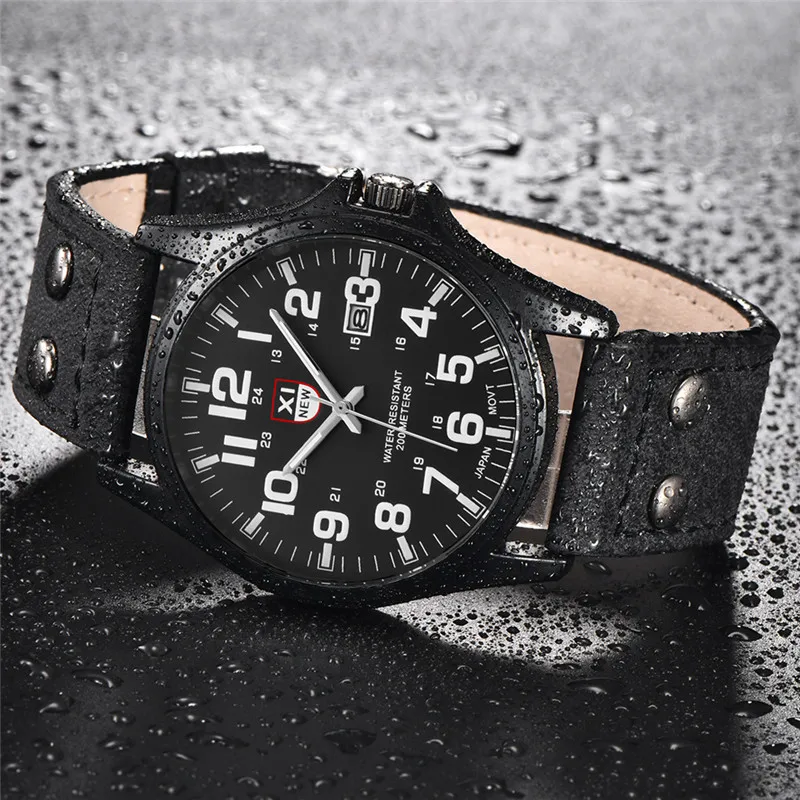 Genuíno xinew marca relógios masculinos preto estudantes moda pulseira de couro esportes data quartzo relógio de pulso montre homme reloj hombre