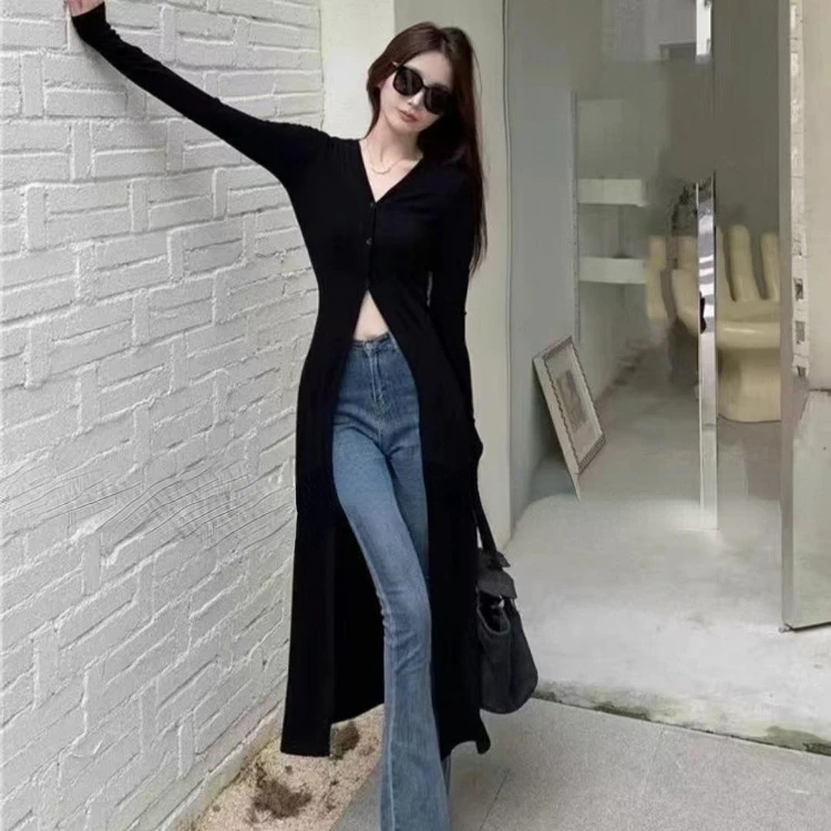 Vintage Lazy V-neck Sun Protection Coat 2024 Summer New Slim Fit Thin Tops Women Y2k Grunge Long Sleeve Cardigan Mujer