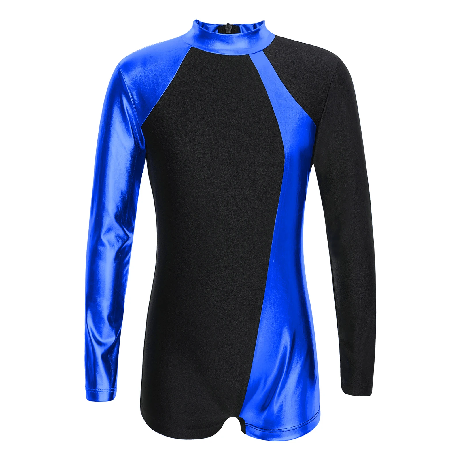 Kids Girls Metallic Gymnastics Leotard Color Block Ballet Dance Jumpsuit for Acrobatics Teen Long Sleeve Figure Skating Bodysuit