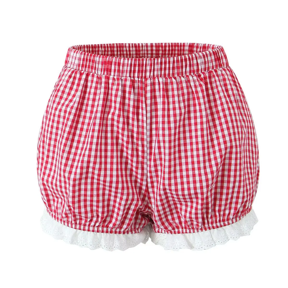 Celana Wanita Motif Kotak-kotak dengan Renda di Pinggang, Model Baru Musim Semi, Kasual, Pinggang Sedang, Bahan Poliester, untuk Musim Panas