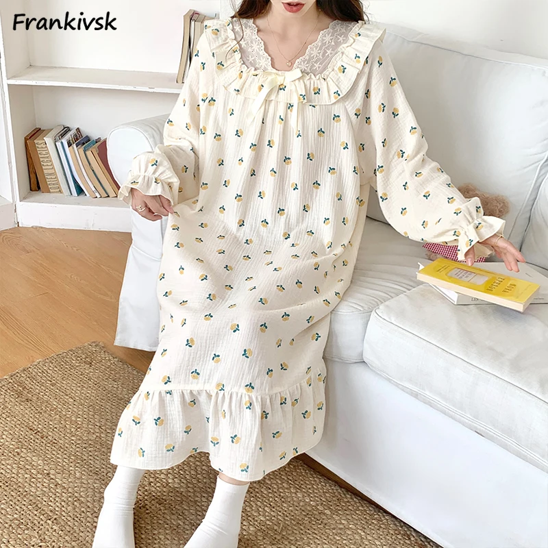 Kawaii Nightgowns Women Prairie Chic Sweet Comfortable French Style Homewear Lace Long Sleeve Spring Youthful Daily Aesthetic