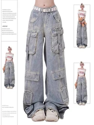 Women's Light Blue Y2k Cargo Jeans Harajuku Denim Trousers Aesthetic Y2k Jean Pants Vintage Japanese 2000s Style Trashy Clothes