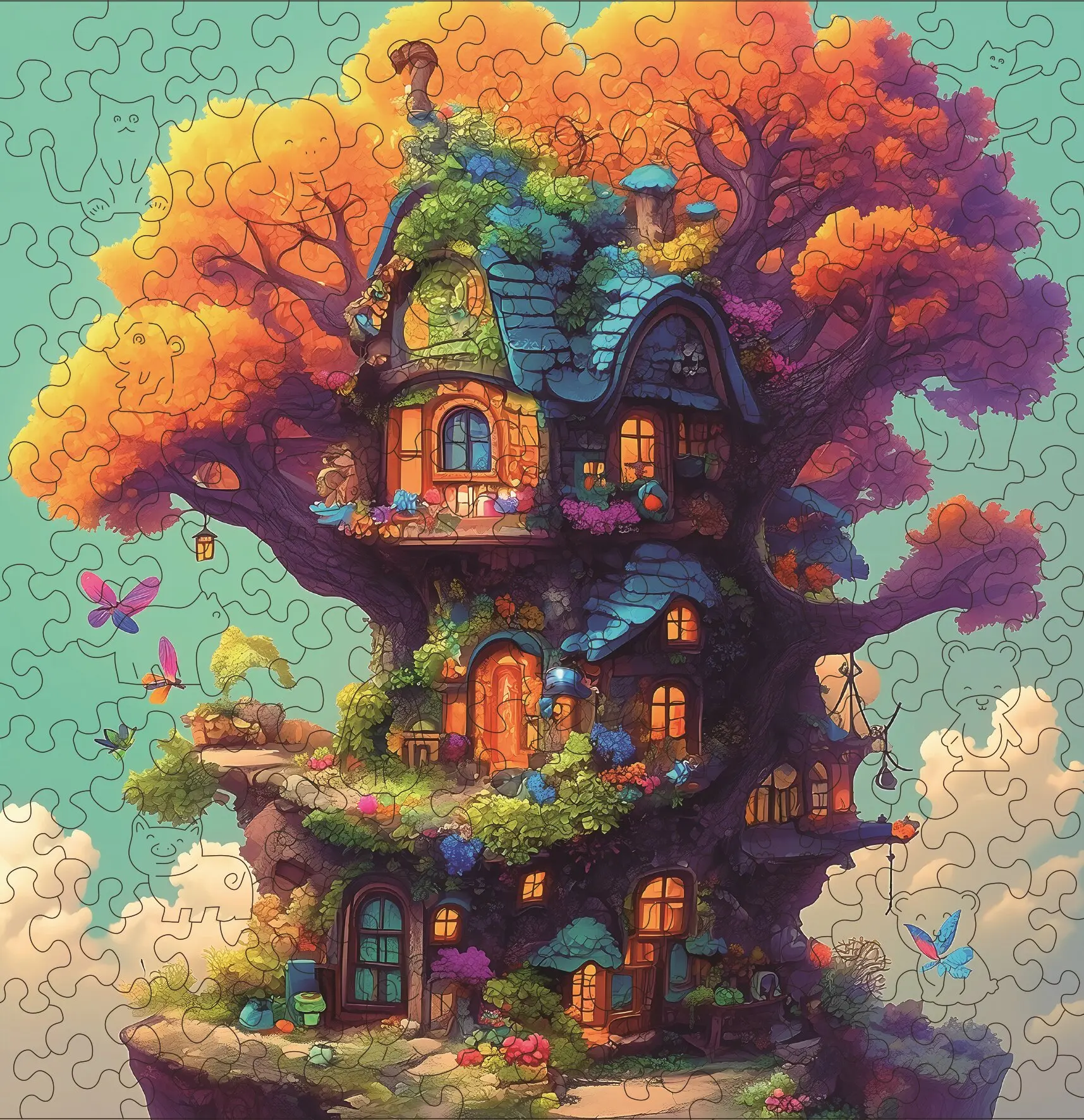 

Wooden Puzzle for Adults -Colorful tree house Puzzle, Unique Shape Wooden Jigsaw Puzzles, Modern Art Home Decor, Good Gift Idea
