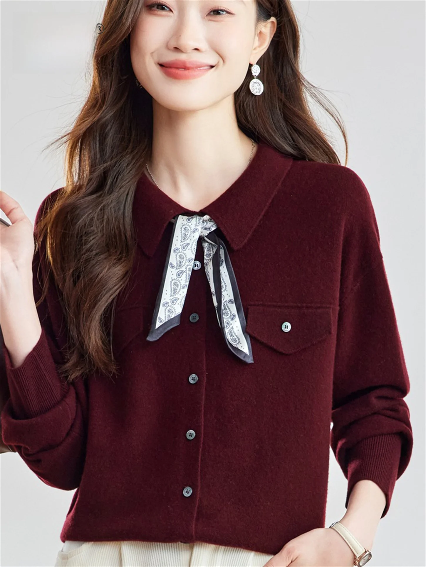 

Вязаный шерстяной свитер Ele Ne с шелковым шарфом для мамы Faion, женская одежда среднего и я