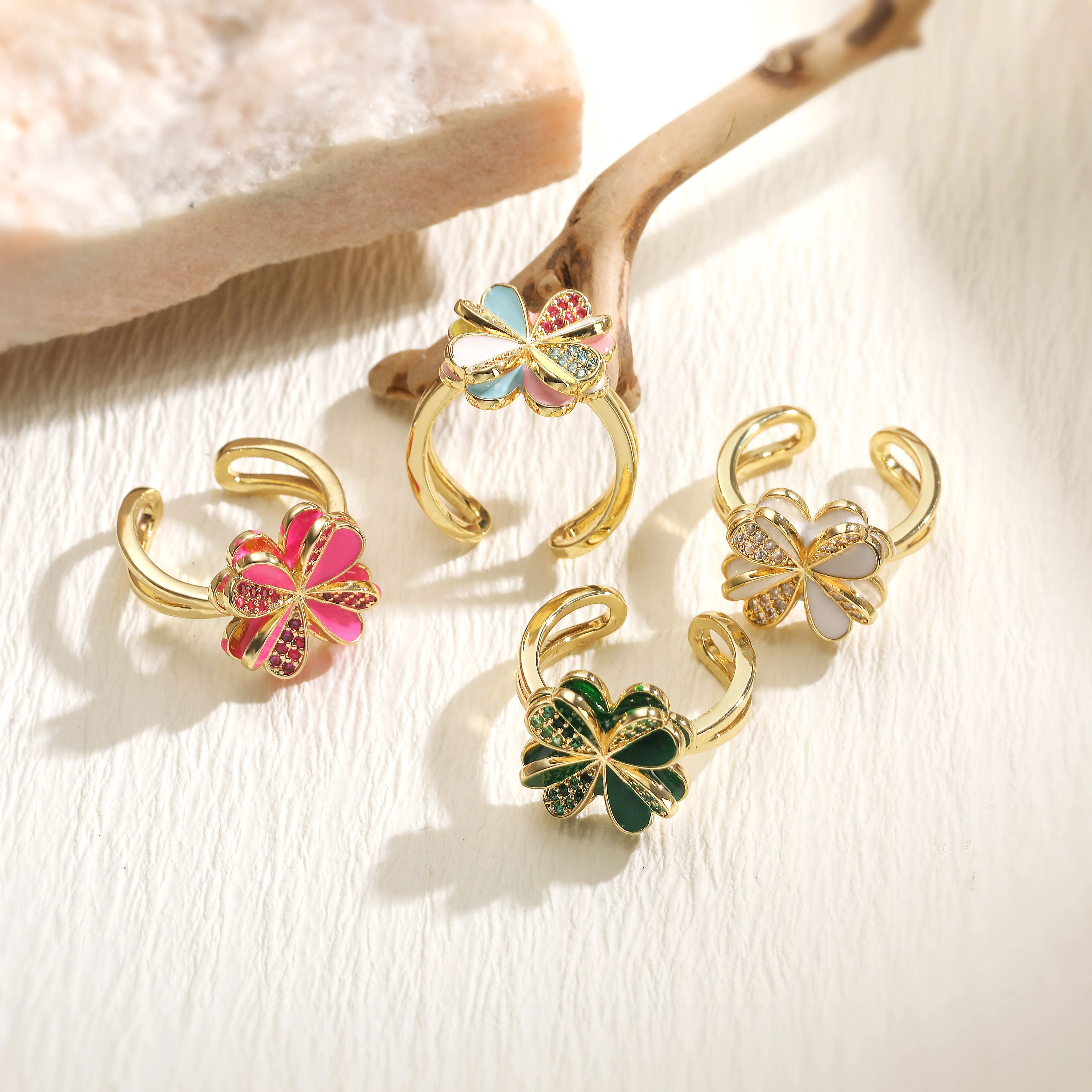 Enamel Dripping Glaze Zirconia Three-Life Flower Butterfly Pattern Ring Natural, Sweet, and Romantic Style Jewelry 1 Pc
