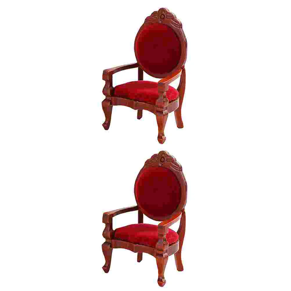 2 PCS Baby Toy Mini Chair Model Red Wood Color Armchair House Ornament Wooden Furniture DIY