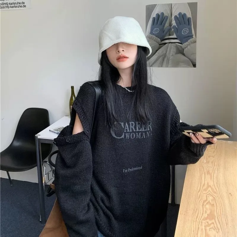 Deeptown Y2k Korean Style Long Sleeve Sweaters Woman Oversize Vintage Casual Knit Pullovers Gyaru Japanese 2000s O-neck Jerseys