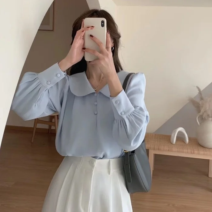 

Белый Bubble Sve irt Женский весенне-осенний дизайн Маленький Cro Long Sve Doll Collar Шифон irt Faion Ladies'...
