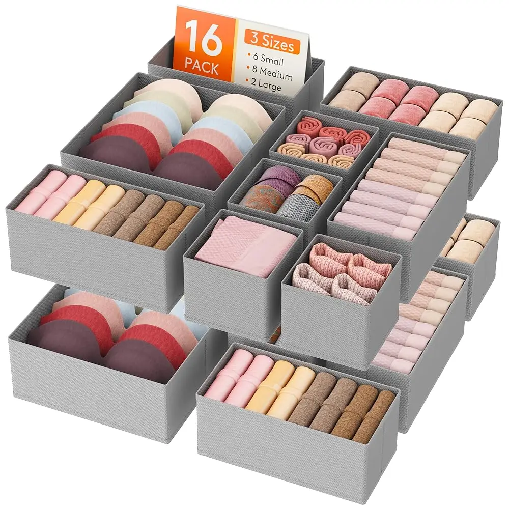 

Drawer Organizer Clothes For Closet 16 Pack, 3 Sizes Underwear Wardrobe Drawer Dividers, Fabric Foldable Dresser Storage